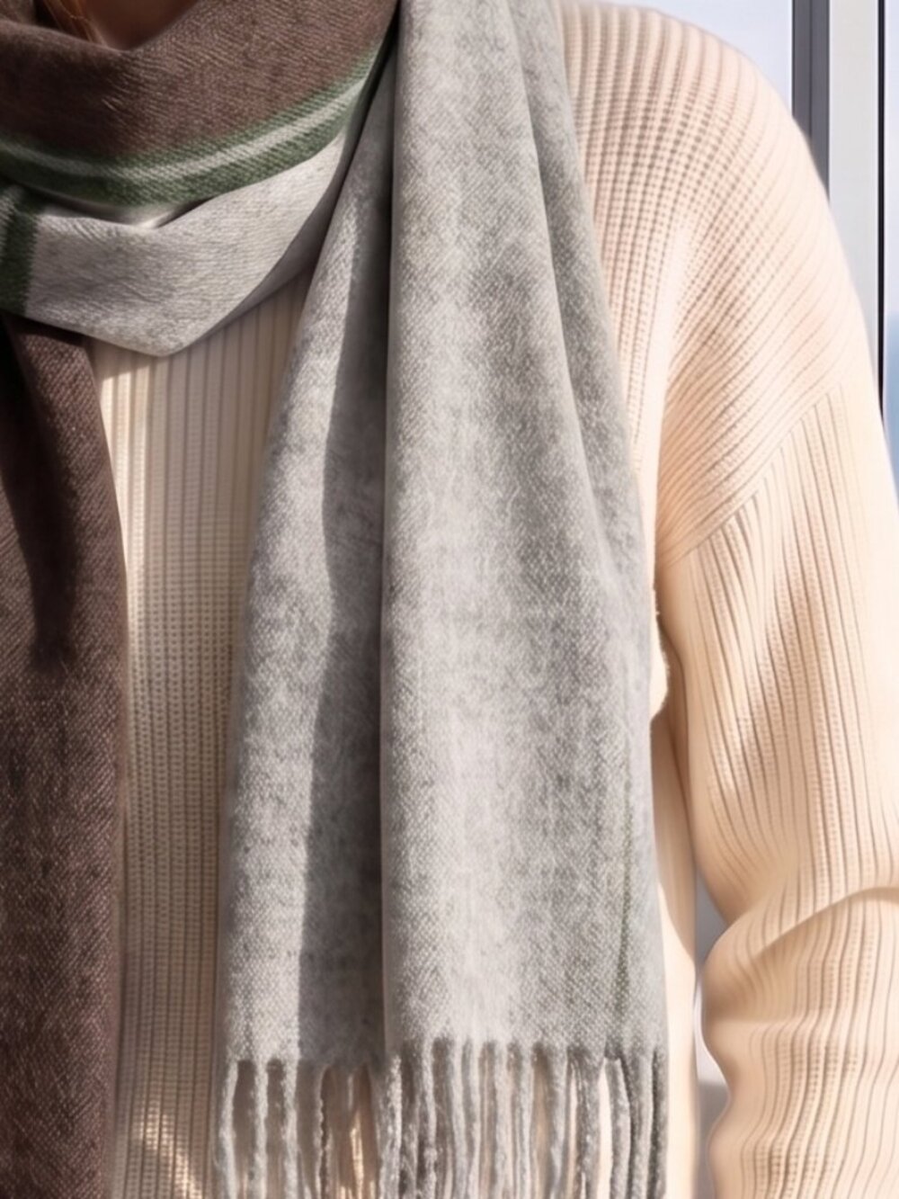 NWT $128 Anthropologie 100% wool scarf 13 x 72 taupe gray on lt. gray deep green